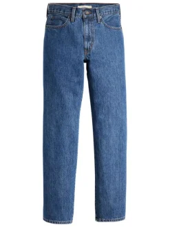 Jean 94 Baggy en coton bleu uni avec coupe droite et surpiqûres orange