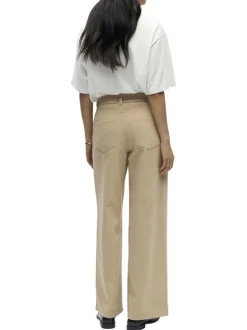 Jean beige uni pourvu d'une coupe bootcut et d'un lien à nouer à la taille