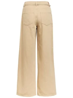 Jean beige uni pourvu d'une coupe bootcut et d'un lien à nouer à la taille