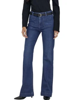 Jean bleu brut uni en coton avec une coupe bootcut et ourlet large