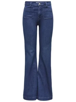 Jean bleu brut uni en coton avec une coupe bootcut et ourlet large