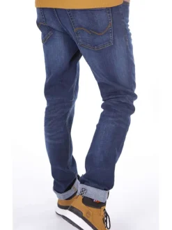 Jean bleu délavé avec une coupe droite et une fermeture zippée boutonnée