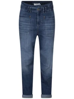 Jean bleu effet délavé avec une coupe carotte et fermeture à zip et bouton