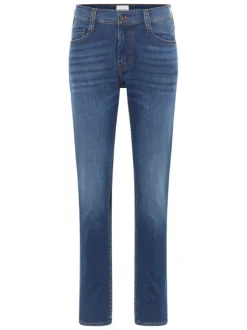 Jean bleu effet délavé en coton mélangé avec une coupe slim et 5 poches