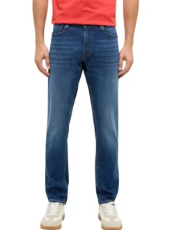 Jean bleu effet délavé en coton mélangé avec une coupe slim et 5 poches