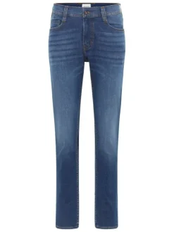 Jean bleu effet délavé en coton mélangé avec une coupe slim et 5 poches