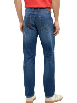 Jean bleu effet délavé en coton mélangé avec une coupe slim et 5 poches