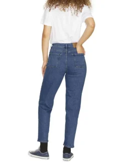 Jean bleu en coton biologique uni coupe mom avec surpiqûres