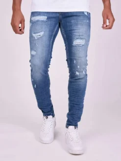 Jean bleu en coton effet délavé avec une coupe slim et une taille Intermédiaire