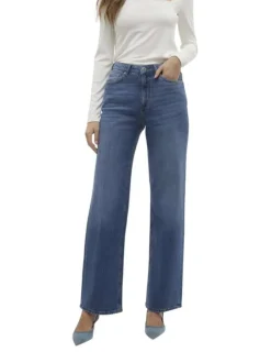 Jean bleu indigo délavé avec une coupe bootcut et une taille haute