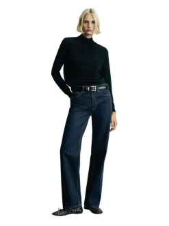 Jean bleu marine en coton à coupe droite, taille haute avec surpiqûres marron