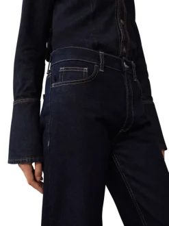 Jean bleu marine en coton à coupe droite, taille haute avec surpiqûres marron