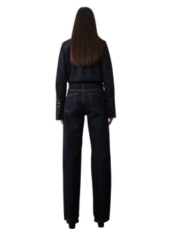 Jean bleu marine en coton à coupe droite, taille haute avec surpiqûres marron