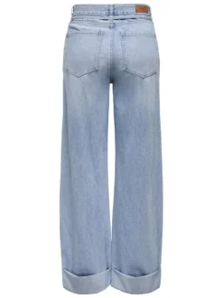 Jean bleu uni en coton avec une coupe wide leg et une ceinture