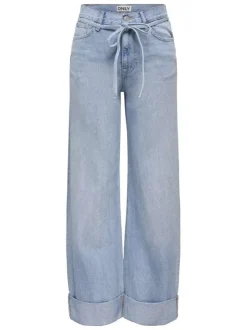 Jean bleu uni en coton avec une coupe wide leg et une ceinture