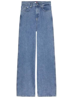 Jean Claire bleu en coton avec une coupe droite et des passants pour ceinture