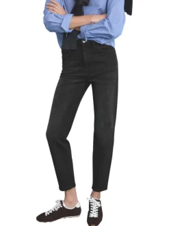 Jean 7/8 en coton anthracite uni avec une coupe mom et une taille haute