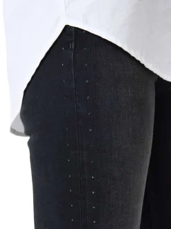 Jean en coton anthracite uni à coupe droite orné de strass sur les côtés