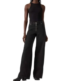 Jean en coton anthracite uni coupe flare pourvu de multiples poches