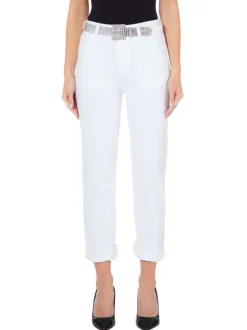 Jean en coton blanc avec une coupe slim et une ceinture en strass