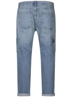 Jean en coton bleu avec une coupe droite et une fermeture zippée avec bouton