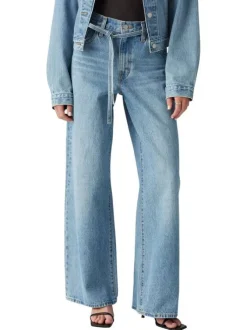 Jean en coton bleu clair uni avec une coupe bootcut et une ceinture amovible