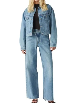 Jean en coton bleu clair uni avec une coupe bootcut et une ceinture amovible