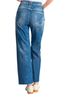 Jean en coton bleu coupe wide leg pourvu d'une fermeture par zip et bouton