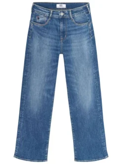 Jean en coton bleu coupe wide leg pourvu d'une fermeture par zip et bouton