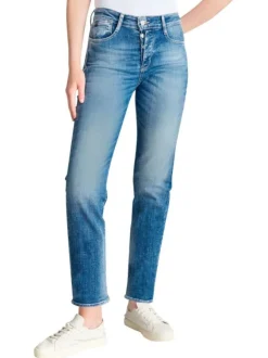 Jean en coton bleu délavé aux cuisses avec une coupe mom et une taille haute