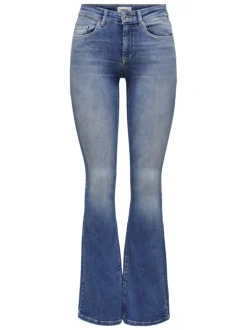 Jean en coton bleu délavé aux cuisses à coupe bootcut et à taille-mi-haute