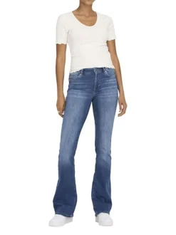 Jean en coton bleu délavé aux cuisses à coupe bootcut et à taille-mi-haute
