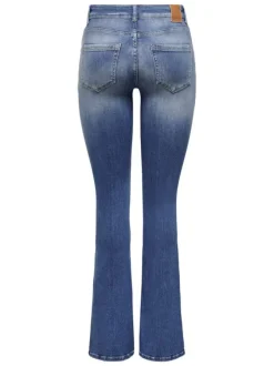 Jean en coton bleu délavé aux cuisses à coupe bootcut et à taille-mi-haute