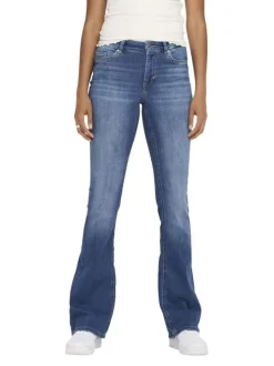 Jean en coton bleu délavé aux cuisses à coupe bootcut et à taille-mi-haute