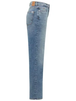 Jean en coton bleu délavé avec une coupe droite un jacron beige embossé