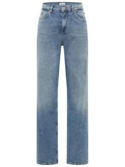 Jean en coton bleu délavé avec une coupe droite un jacron beige embossé