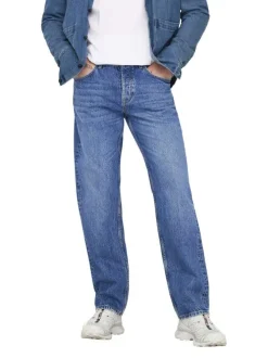 Jean en coton bleu délavé avec une coupe regular fit et une braguette à boutons