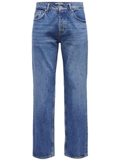 Jean en coton bleu délavé avec une coupe regular fit et une braguette à boutons