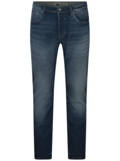 Jean en coton bleu indigo délavé avec une coupe droite et 5 poches