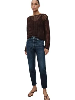 Jean en coton bleu indigo légèrement délavé à coupe mom et taille haute