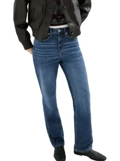 Jean en coton bleu indigo uni avec une coupe droite et 5 poches