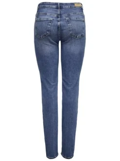 Jean en coton bleu légèrement délavé avec une coupe slim et une taille-haute
