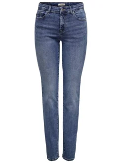 Jean en coton bleu légèrement délavé avec une coupe slim et une taille-haute