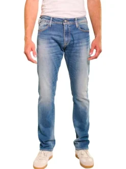Jean en coton bleu stone délavé aux cuisses avec une coupe slim fit