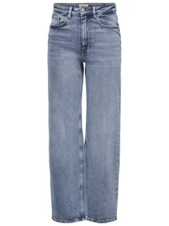 Jean en coton bleu stone délavé avec une coupe bootcut et une taille haute
