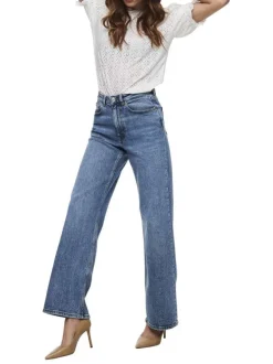 Jean en coton bleu stone délavé avec une coupe bootcut et une taille haute