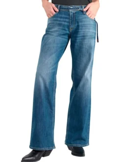 Jean en coton bleu stone uni avec une coupe large et une ceinture à la taille