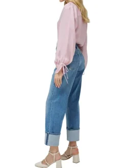 Jean en coton bleu stone uni à coupe droite avec des ourlets larges