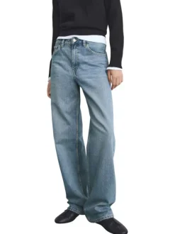 Jean en coton bleu stone uni à coupe droite avec une taille haute
