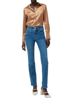 Jean en coton bleu stone uni à coupe slim fermé par deux boutons